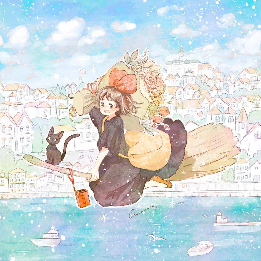 1girl, animal, bag, black_cat, black_dress, blue_sky, boat, bouquet, bow, broom, broom_riding, brown_eyes, brown_hair, building, carrying_bag, cat, cityscape, cloud, day, dress, floating_hair, flower, flying, hair_bow, highres, kiki_(majo_no_takkyuubin), landscape, leaf, light_particles, looking_at_viewer, majo_no_takkyuubin, momochy, ocean, open_mouth, pastel_colors, pink_flower, pink_rose, pink_tulip, plant, red_bow, red_flower, red_rose, rose, ship, short_hair, sky, studio_ghibli, town, tree, tulip, water, watercraft, yellow_bag