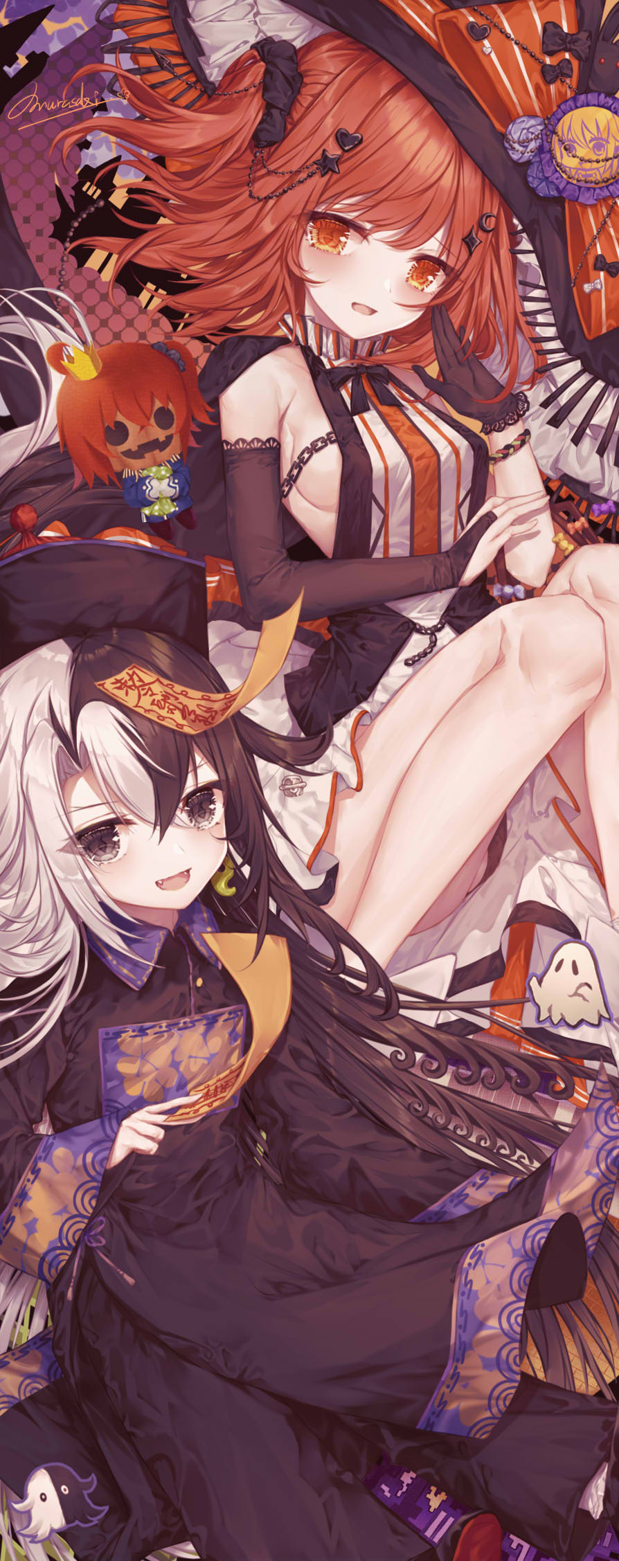 1boy, 1girl, ashiya_douman_(fate), asymmetrical_gloves, bare_legs, black_eyes, black_gloves, black_hair