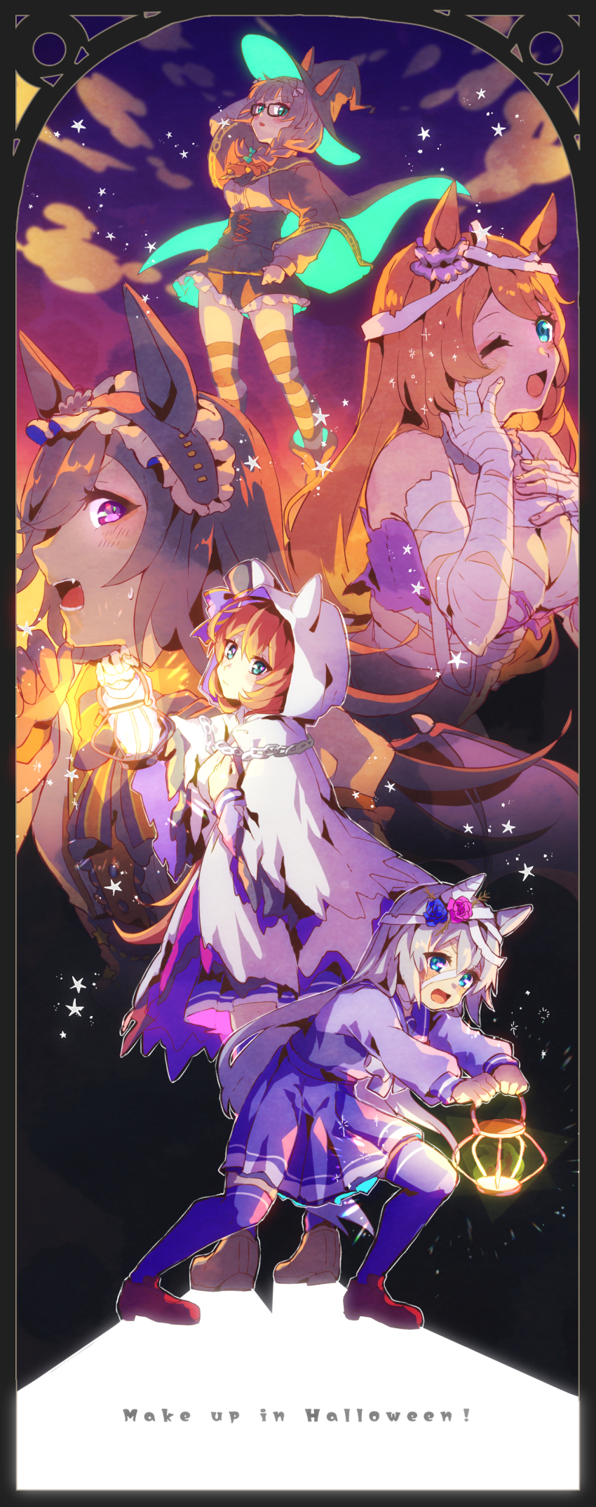 5girls, ;d, absurdres, animal_ears, arm_up, bandaged_arm, bandaged_head, bandages