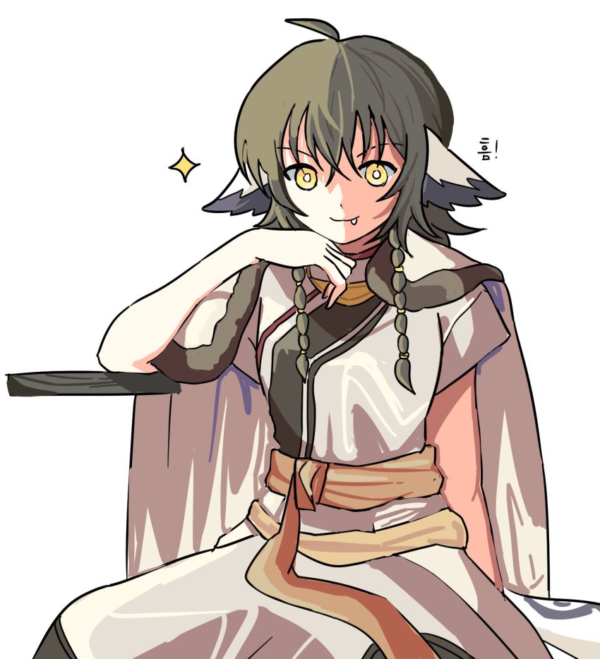 1girl, 8t_if, ahoge, ainu_clothes, animal_ears, anju_(utawarerumono), aquaplus, braid, breasts, bright_pupils, brown_hair, closed_mouth, cowboy_shot, fang, fang_out, hair_between_eyes, head_on_hand, highres, jewelry, long_hair, looking_at_viewer, necklace, sash, short_sleeves, sidelocks, small_breasts, solo, teeth, translation_request, utawarerumono, utawarerumono:_itsuwari_no_kamen, white_pupils, yellow_eyes