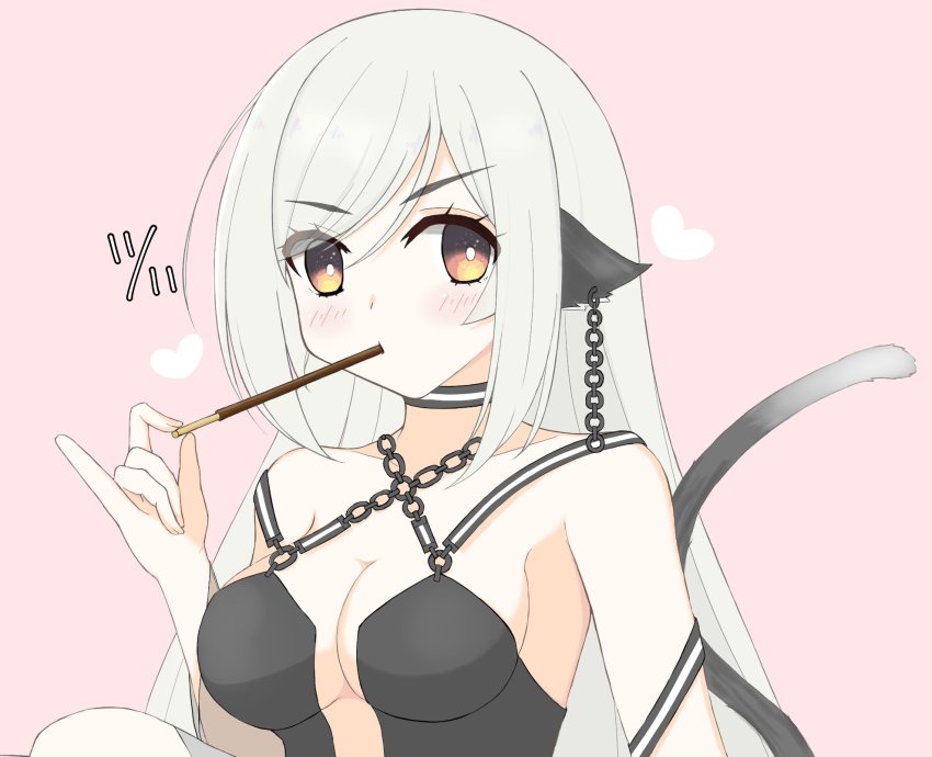 1girl, animal_ears, aquaplus, arm_up, black_dress, black_tail, blush, breasts