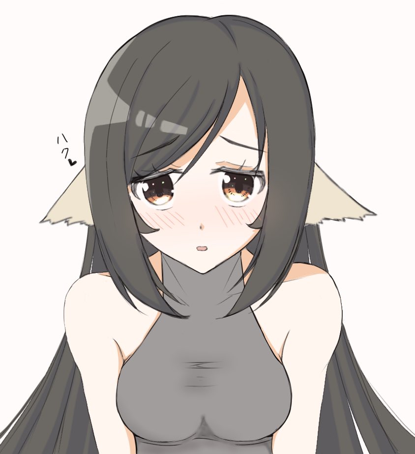 1girl, animal_ears, aquaplus, bare_arms, bare_shoulders, black_hair, blush, breasts