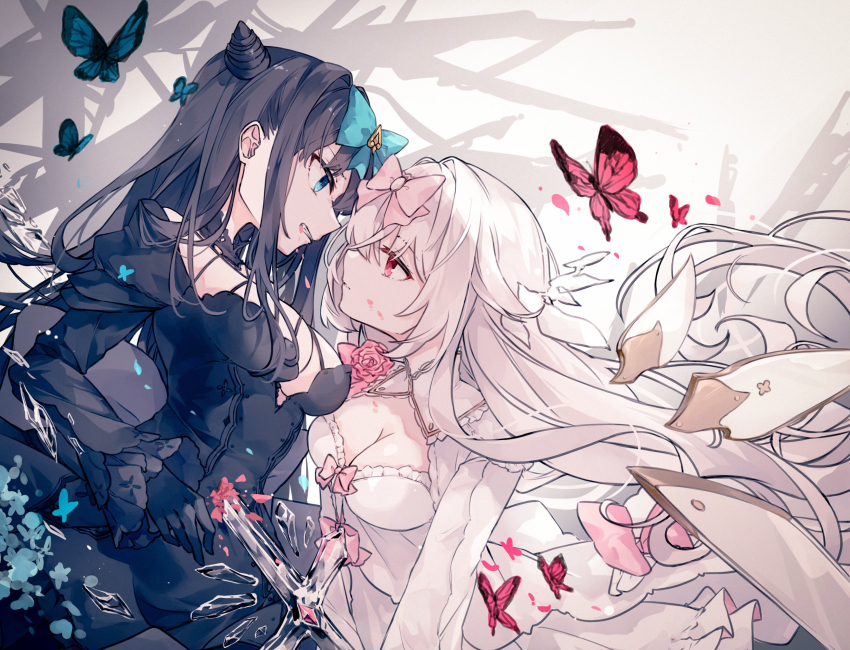 2girls, arcaea, black_dress, black_hair, blue_bow, blue_butterfly, blue_eyes, bow, breasts, bug, butterfly, cleavage, commentary, cone_hair_bun, cowboy_shot, dress, english_commentary, from_side, hair_bow, hair_bun, highres, hikari_(arcaea), hikari_(fatalis)_(arcaea), insect, long_hair, looking_at_another, medium_breasts, miyu_(miy_u1308), multiple_girls, pink_bow, red_butterfly, red_eyes, sidelocks, simple_background, tairitsu_(arcaea), tairitsu_(tempest)_(arcaea), white_background, white_dress, white_hair