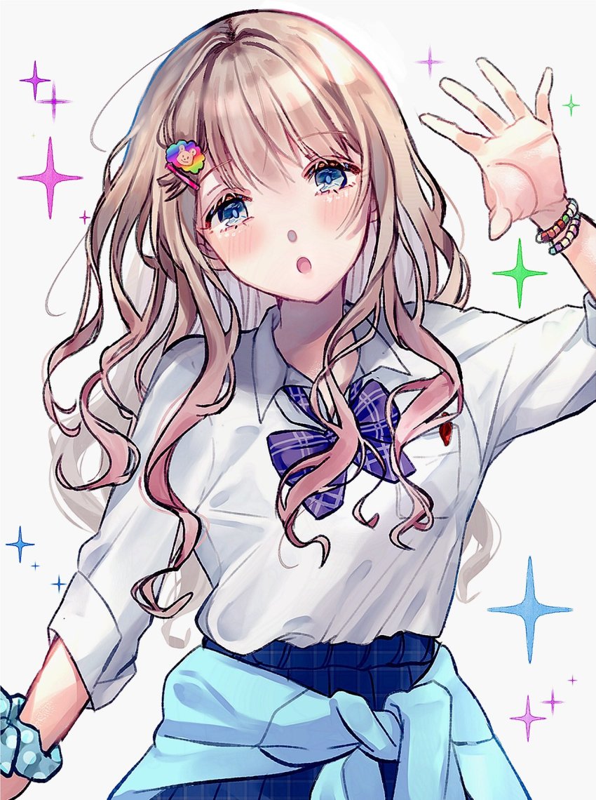 1girl, aqua_scrunchie, armlet, bead_bracelet, beads, blue_cardigan, blue_eyes, blue_skirt