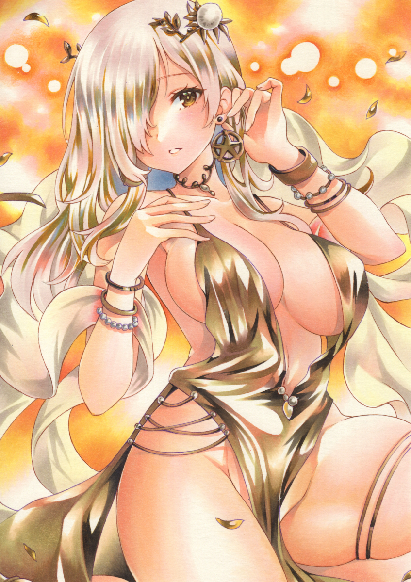 1girl, azur_lane, blonde_hair, breasts, brown_eyes, cleavage, cowboy_shot, dress