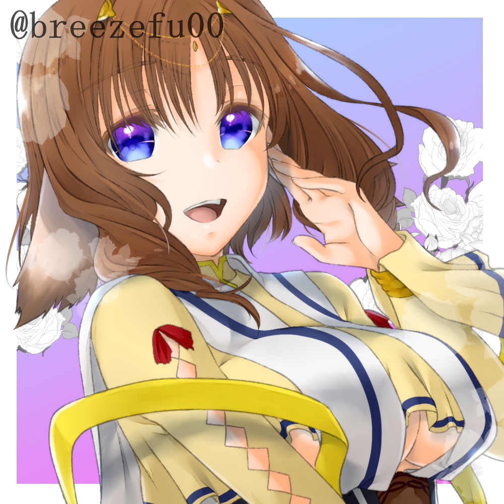 1girl, ainu_clothes, animal_ears, aquaplus, arm_up, blue_eyes, breasts, breezefu00