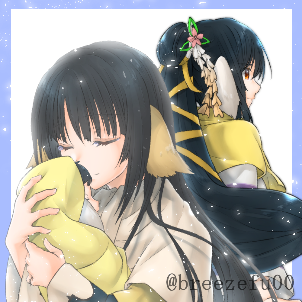 2girls, absurdly_long_hair, age_difference, ainu_clothes, animal_ears, aquaplus, black_hair, breezefu00