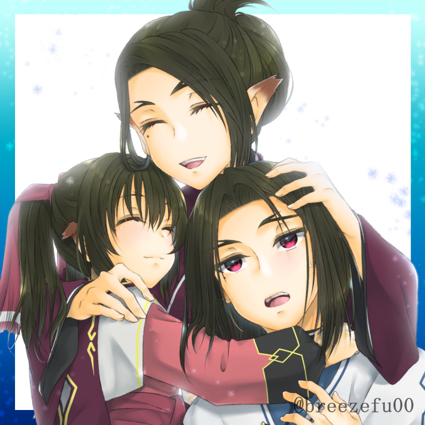 1boy, 2girls, age_difference, animal_ears, aquaplus, blush, breasts, breezefu00