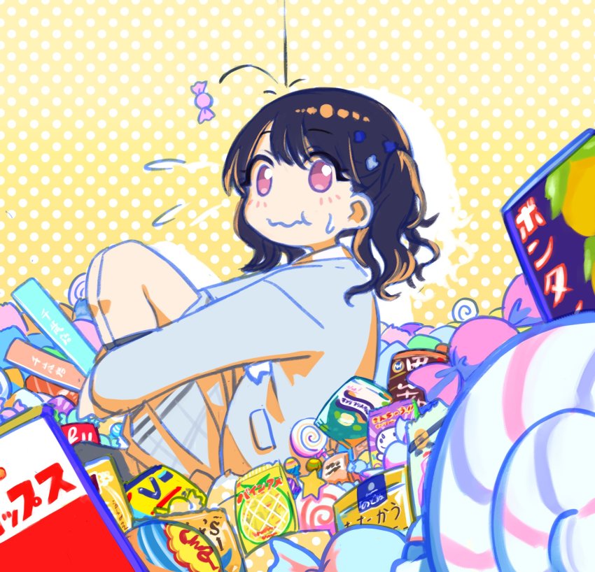 1girl, black_hair, blazer, candy, commentary_request, flower, food, fukumaru_koito, grey_jacket, grey_skirt, hair_flower, hair_ornament, highres, idolmaster, idolmaster_shiny_colors, imashimmerindec, jacket, plaid_clothes, plaid_skirt, pleated_skirt, polka_dot, polka_dot_background, purple_eyes, school_uniform, skirt, snack, solo, twintails