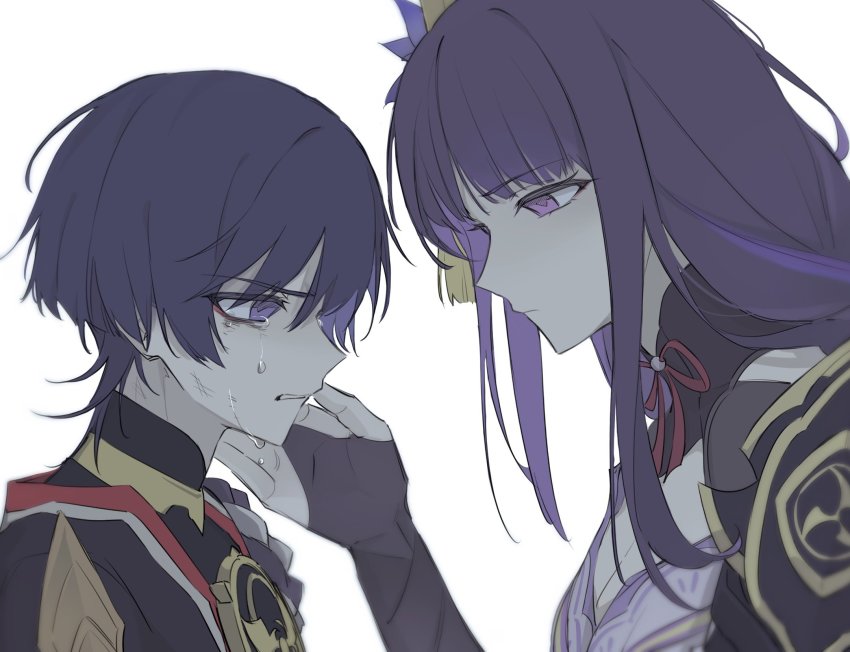 1boy, 1girl, armor, black_gloves, black_shirt, blunt_ends, bow, bowtie