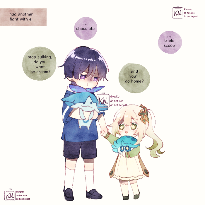 1boy, 1girl, 2others, alternate_costume, aranara_(genshin_impact), ararycan_(genshin_impact), arm_up, artist_name, black_footwear, black_shorts, blue_eyes, blue_headwear, blue_shirt, blue_skin, blunt_ends, closed_mouth, colored_skin, commentary, dress, english_commentary, english_text, flower, flower-shaped_pupils, full_body, genshin_impact, gradient_hair, green_eyes, green_flower, green_footwear, green_hair, green_jacket, grey_hair, annoyed, hair_between_eyes, hair_ornament, hand_up, hands_up, heart, heart_hair_ornament, holding, holding_hands, hood, hooded_shirt, hug, jacket, kana_(ykskkn), long_hair, long_sleeves, looking_at_another, looking_down, looking_up, multicolored_hair, multiple_others, nahida_(genshin_impact), missing_headwear, open_clothes, open_jacket, open_mouth, ponytail, purple_eyes, purple_hair, scaramouche_(genshin_impact), shaded_face, shirt, shoes, short_hair, short_sleeves, shorts, sidelocks, simple_background, smile, socks, speech_bubble, standing, symbol-shaped_pupils, t-shirt, v-shaped_eyebrows, watermark, white_background, white_dress, white_socks