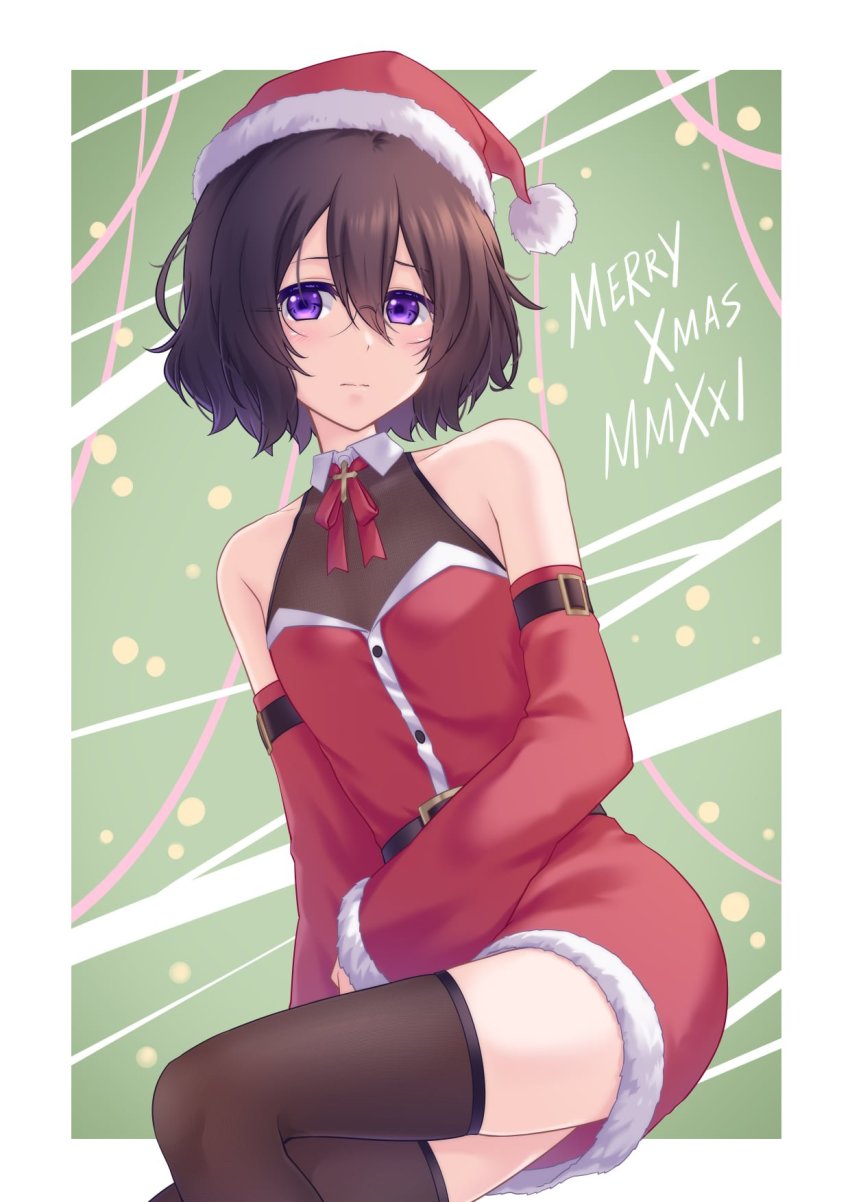 1girl, bare_shoulders, brown_hair, brown_thighhighs, christmas, closed_mouth, dress, glasses