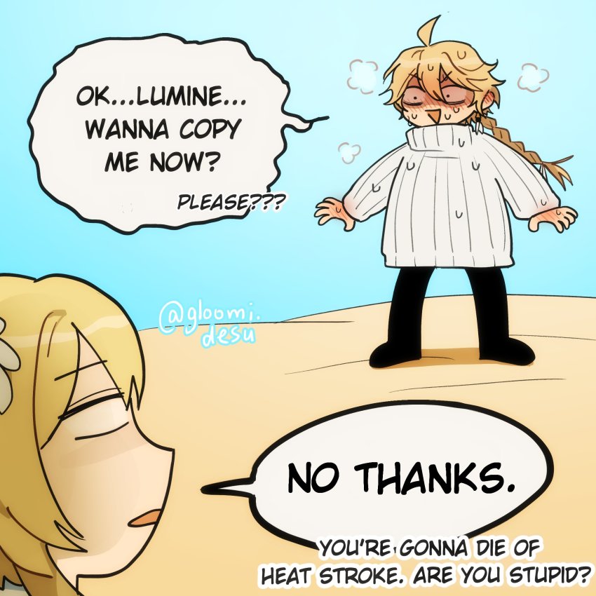 1boy, 1girl, aether_(genshin_impact), ahoge, blonde_hair, blush, braid, comic