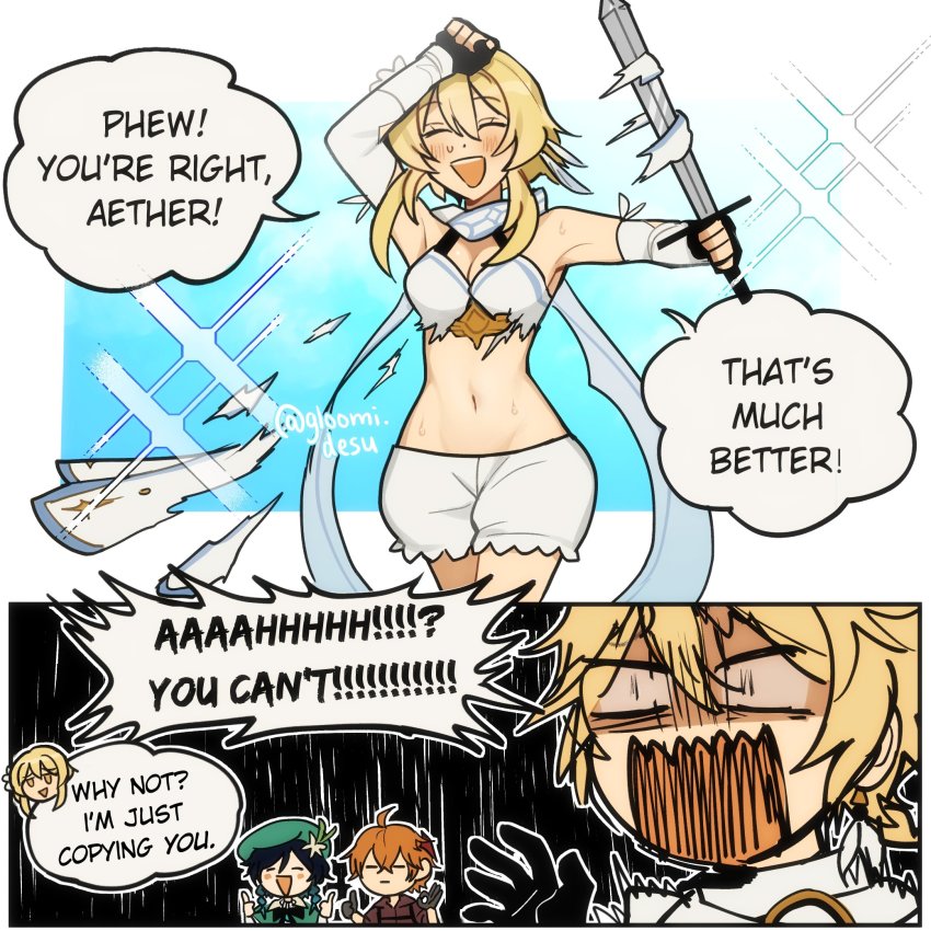 1boy, 3boys, aether_(genshin_impact), ahoge, armpits, artist_name, black_hair, blonde_hair, chibi, comic, dress, english_text, genshin_impact, gloomidesu, hat, highres, lumine_(genshin_impact), multiple_boys, navel, orange_hair, short_hair, siblings, sleeveless, smile, speech_bubble, surprised, sword, tartaglia_(genshin_impact), torn_clothes, torn_dress, venti_(genshin_impact), weapon