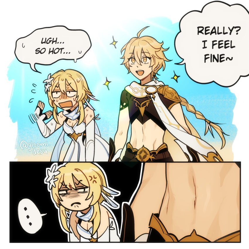 ..., 1boy, 1girl, abs, aether_(genshin_impact), ahoge, anger_vein, angry, artist_name, bishounen, blonde_hair, braid, comic, dress, english_text, genshin_impact, gloomidesu, highres, long_hair, lumine_(genshin_impact), midriff, outdoors, short_hair, siblings, smile, sparkle, speech_bubble, sweat, white_dress
