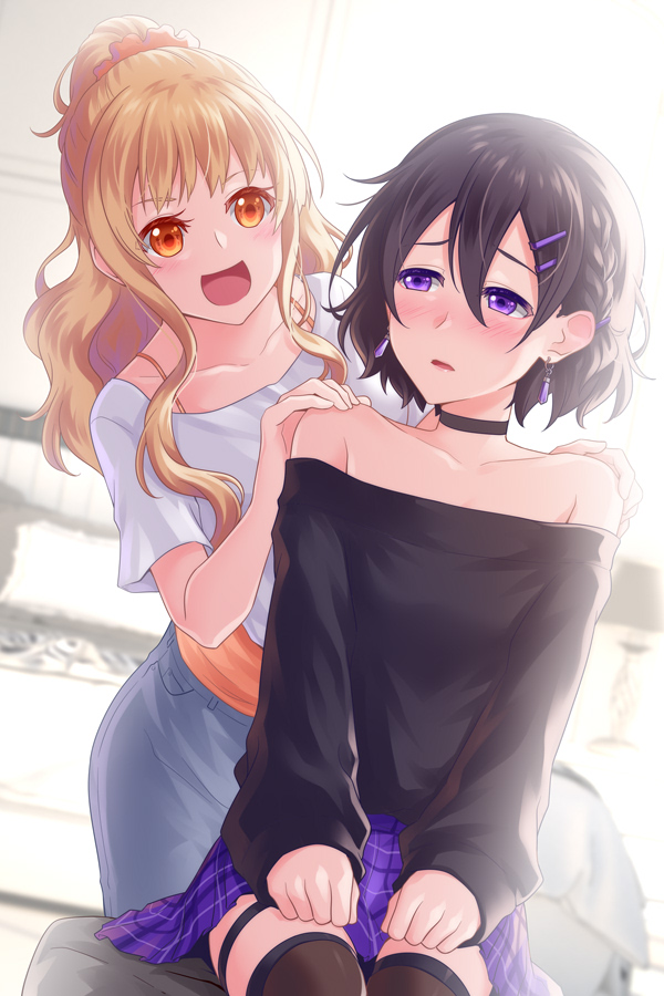 2girls, bare_shoulders, black_shirt, black_sweater, blonde_hair, brown_hair, brown_thighhighs, denim