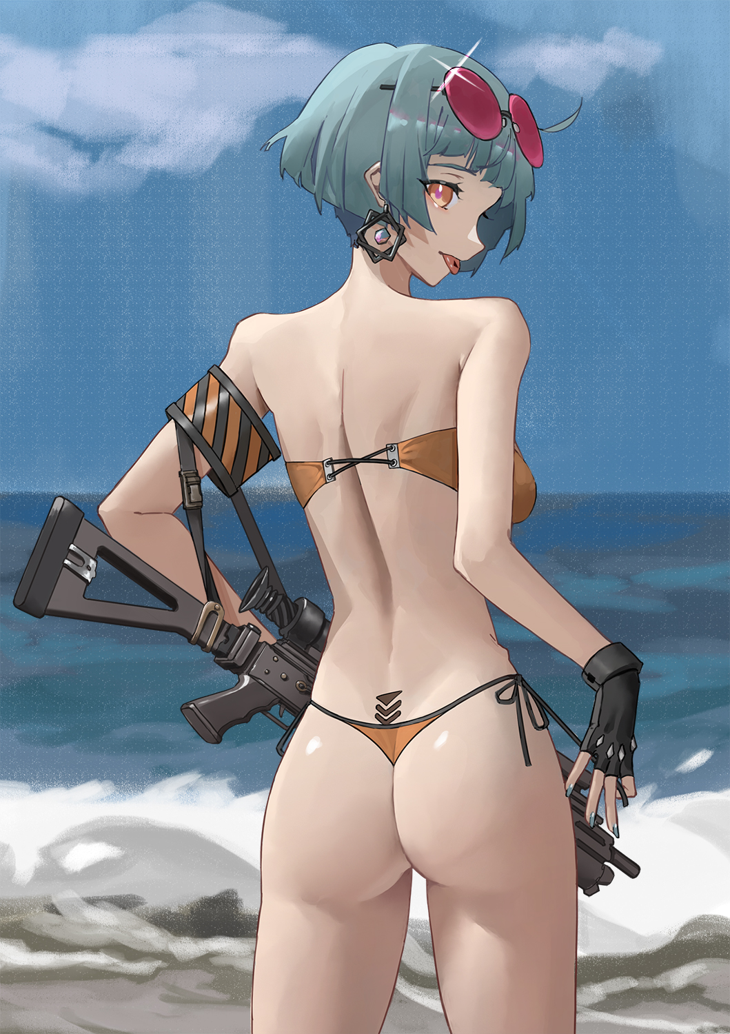1girl, ass, assault_rifle, back, back_tattoo, backless_outfit, beach, bikini