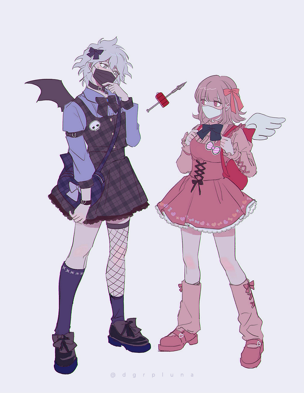 1boy, 1girl, alternate_costume, backpack, bag, black_bow, black_bowtie, black_dress