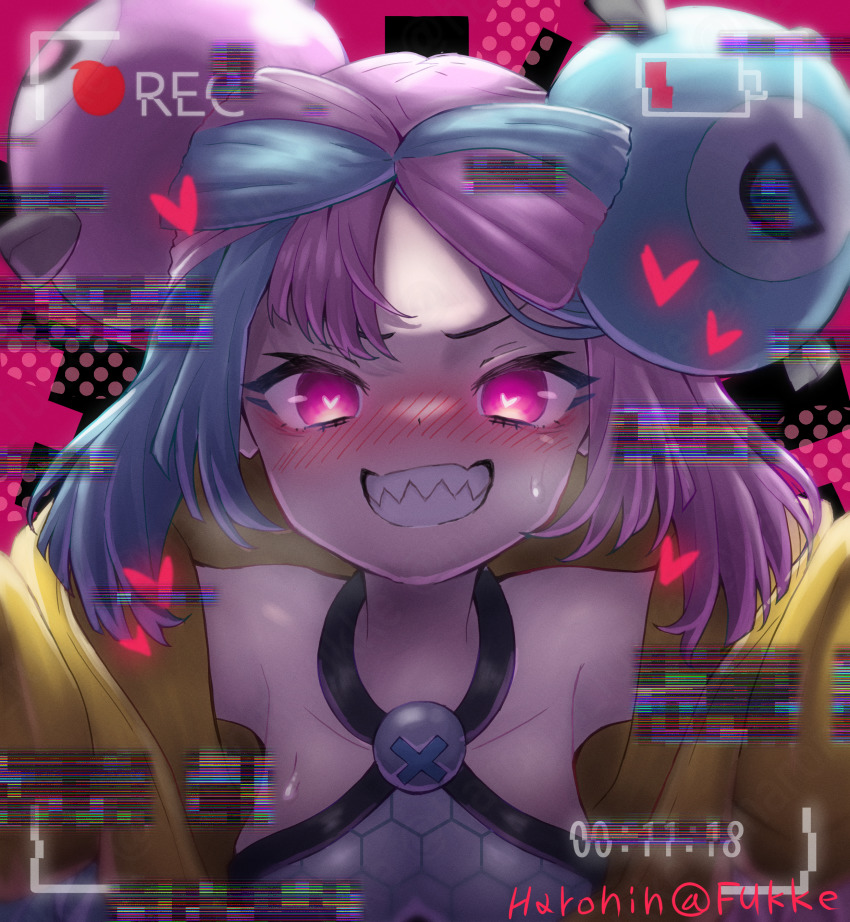 1girl, absurdres, aqua_hair, bare_shoulders, blush, bow-shaped_hair, breasts, character_hair_ornament, clenched_teeth, collarbone, gen_1_pokemon, glitch, grey_shirt, gym_leader, hair_ornament, haronin_fukke, heart, heart_in_eye, hexagon_print, highres, iono_(pokemon), jacket, looking_at_viewer, magnemite, medium_breasts, multicolored_hair, nintendo, oversized_clothes, pink_eyes, pink_hair, pokemon, pokemon_scarlet_and_violet, portrait, sharp_teeth, shirt, sleeveless, sleeveless_shirt, solo, split-color_hair, sweatdrop, symbol_in_eye, teeth, two-tone_hair, x_(symbol), yellow_jacket