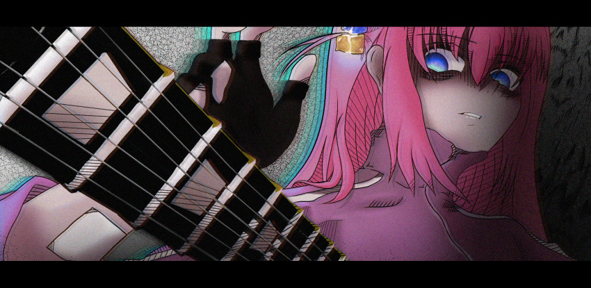 1girl, bad_source, bocchi_the_rock!, cube_hair_ornament, cyberpunk, gotoh_hitori, guitar, hair_between_eyes