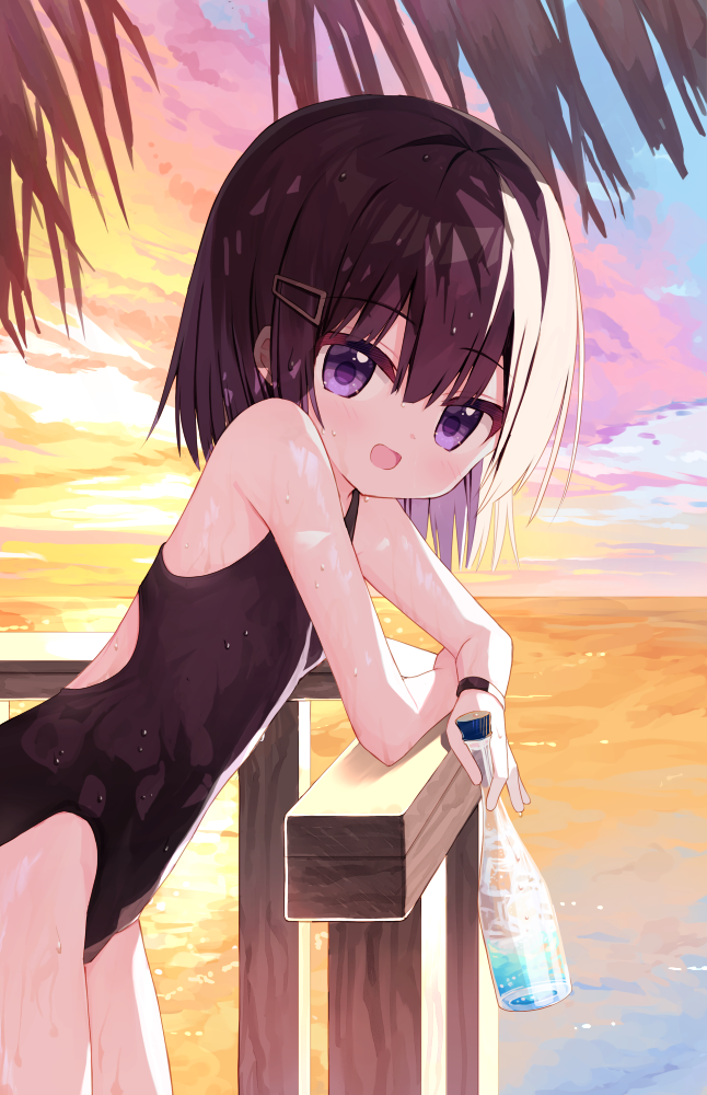 1girl, :d, bare_arms, bare_shoulders, black_hair, black_one-piece_swimsuit, bottle, casual_one-piece_swimsuit, cloud, cloudy_sky, from_side, hair_between_eyes, hair_ornament, hairclip, holding, holding_bottle, horizon, leaning_forward, looking_at_viewer, looking_to_the_side, ocean, one-piece_swimsuit, open_mouth, original, outdoors, palm_tree, purple_eyes, shiho_(yuuhagi_(amaretto-no-natsu)), sky, smile, solo, sunset, swimsuit, tree, water, wet, wet_clothes, wet_swimsuit, yuuhagi_(amaretto-no-natsu)