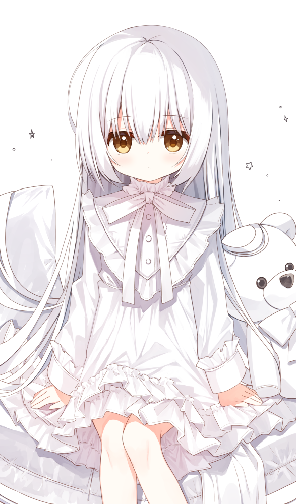 1girl, brown_eyes, bunny_girl_(yuuhagi_(amaretto-no-natsu)), dress, feet_out_of_frame, frilled_dress, frills, hair_between_eyes