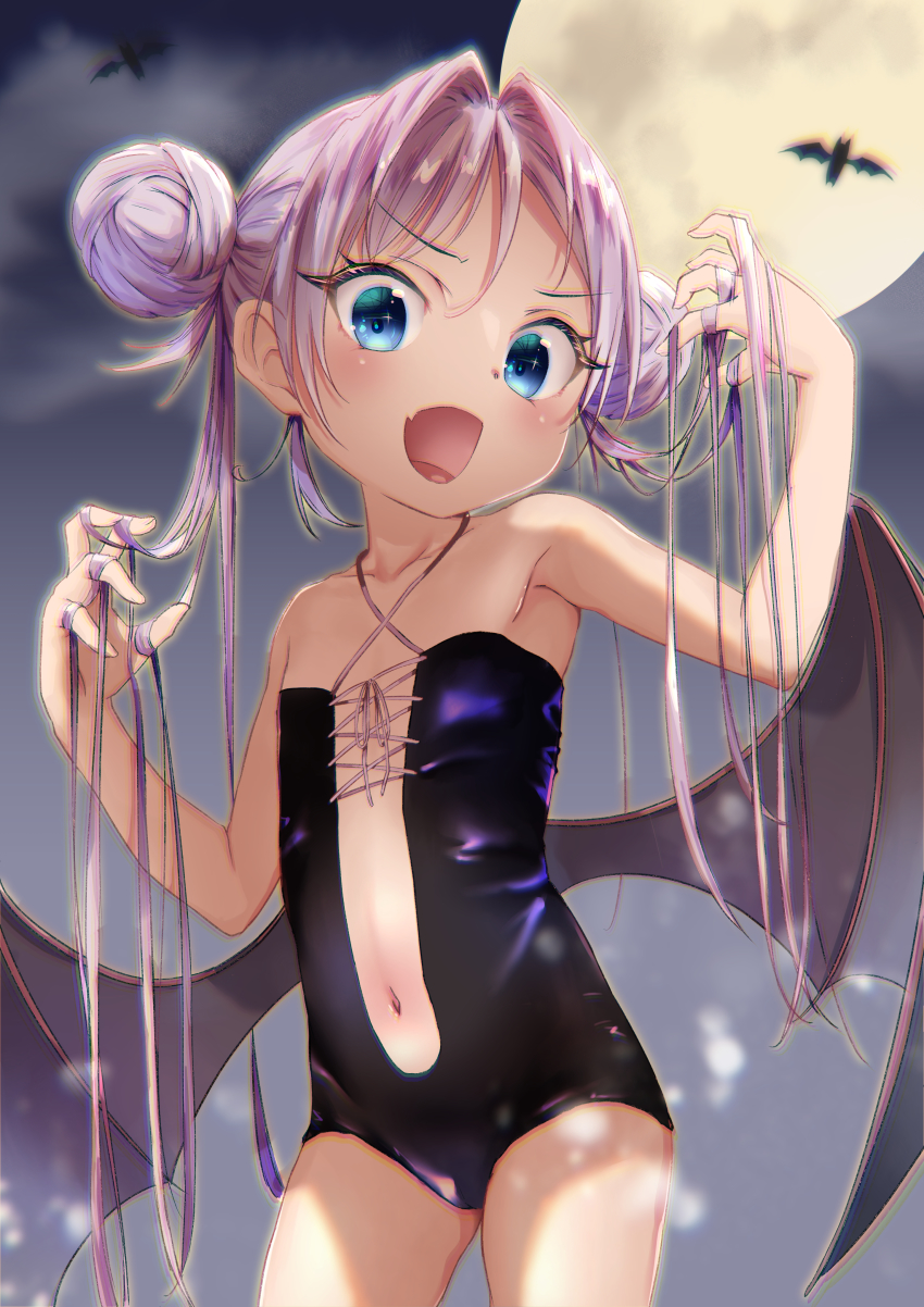 1girl, absurdres, bat_(animal), blue_eyes, clothing_cutout, cowboy_shot, criss-cross_halter, demon_wings