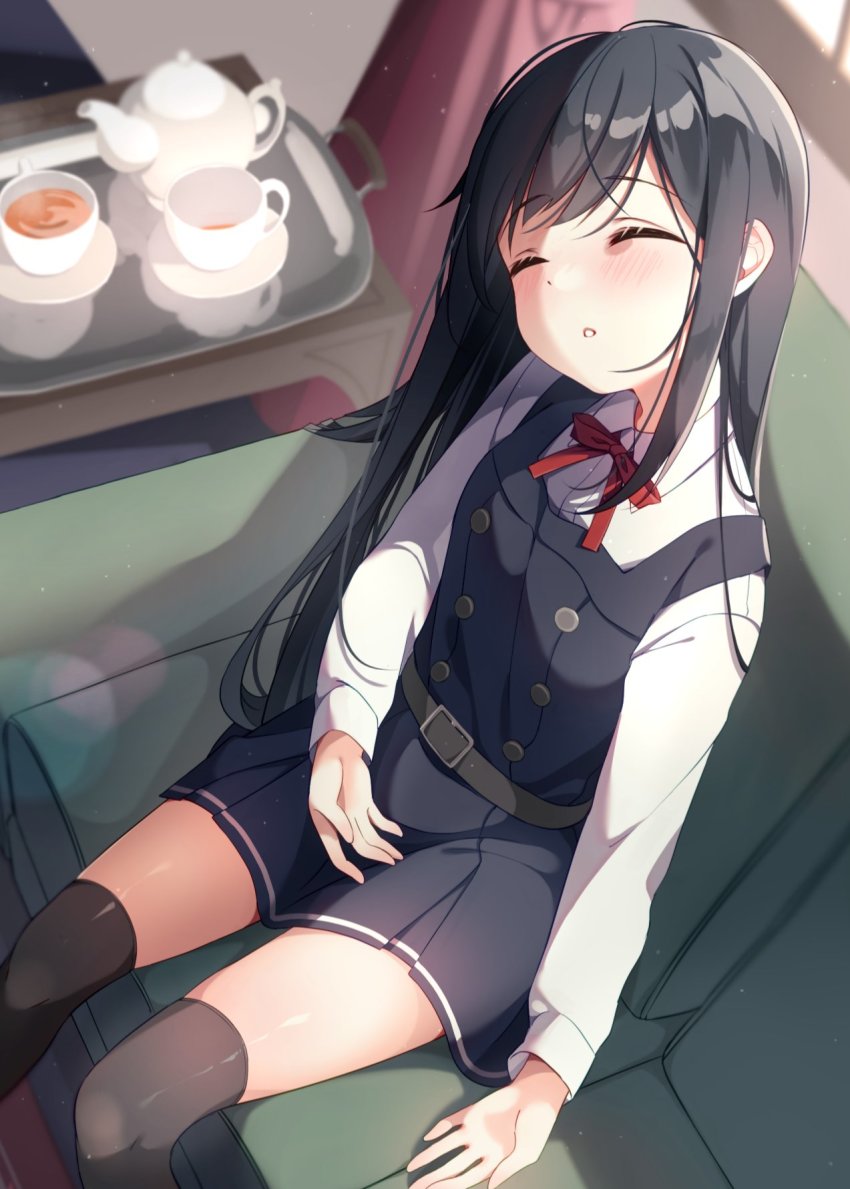1girl, asashio_(kancolle), asashio_kai_ni_(kancolle), black_dress, black_hair, black_thighhighs, closed_eyes, collared_shirt, commentary_request, couch, cup, dress, dress_shirt, feet_out_of_frame, from_above, highres, kantai_collection, long_hair, long_sleeves, neck_ribbon, numao178, pinafore_dress, red_ribbon, ribbon, shirt, sitting, sleeping, sleeveless_dress, solo, tea_set, teacup, teapot, thighhighs, white_shirt