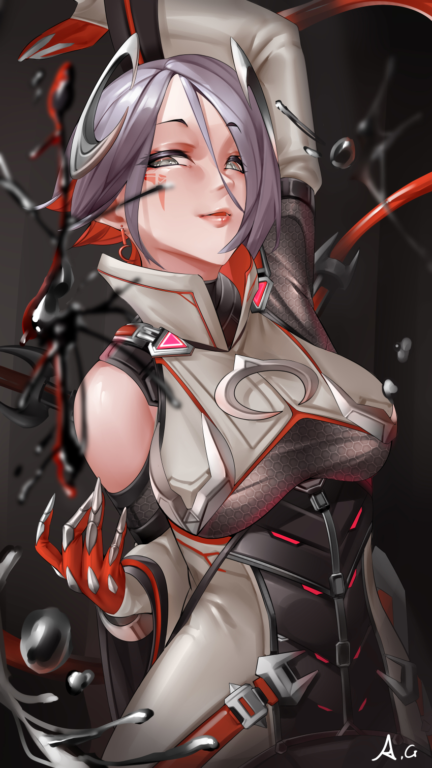 1girl, absurdres, aili_si_yu_guo, alternate_breast_size, animification, apex_legends, arm_up, black_background, blood_moon_catalyst, bodysuit, breasts, catalyst_(apex_legends), chinese_commentary, clothing_cutout, colored_inner_hair, gloves, grey_eyes, grey_hair, hair_between_eyes, half-closed_eyes, highres, liquid, looking_at_viewer, medium_breasts, multicolored_hair, official_alternate_costume, orange_hair, red_gloves, short_hair, shoulder_cutout, smile, solo, upper_body, white_bodysuit, wide_hips