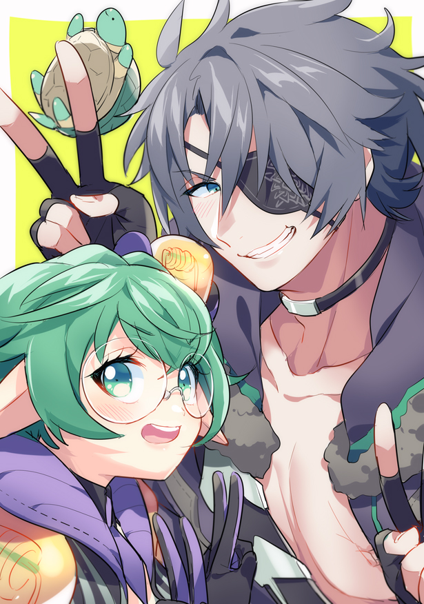 1boy, 1girl, :d, black_choker, border, choker, coat, eyepatch