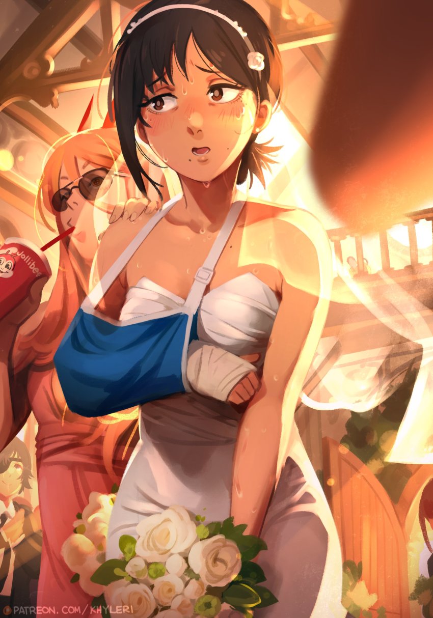 1other, 3girls, absurdres, arm_sling, black_hair, bouquet, bridal_veil, cast, chainsaw_man, commentary, cup, demon_horns, disposable_cup, dress, drinking_straw, english_commentary, eyepatch, flower, hand_on_another's_shoulder, higashiyama_kobeni, highres, himeno_(chainsaw_man), holding, holding_bouquet, horns, indoors, jollibee, khyle., makima_(chainsaw_man), medium_hair, mole, mole_on_cheek, mole_under_eye, mole_under_mouth, multiple_girls, multiple_moles, open_mouth, pink_dress, pink_hair, pochita_(chainsaw_man), ponytail, power_(chainsaw_man), red_horns, short_ponytail, sunglasses, sweat, veil, wedding_dress, white_dress