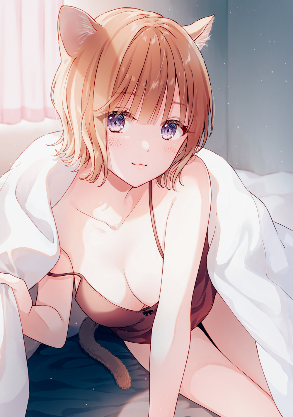 1girl, :3, animal_ears, bare_shoulders, bed_sheet, blanket, breasts, cat_ears