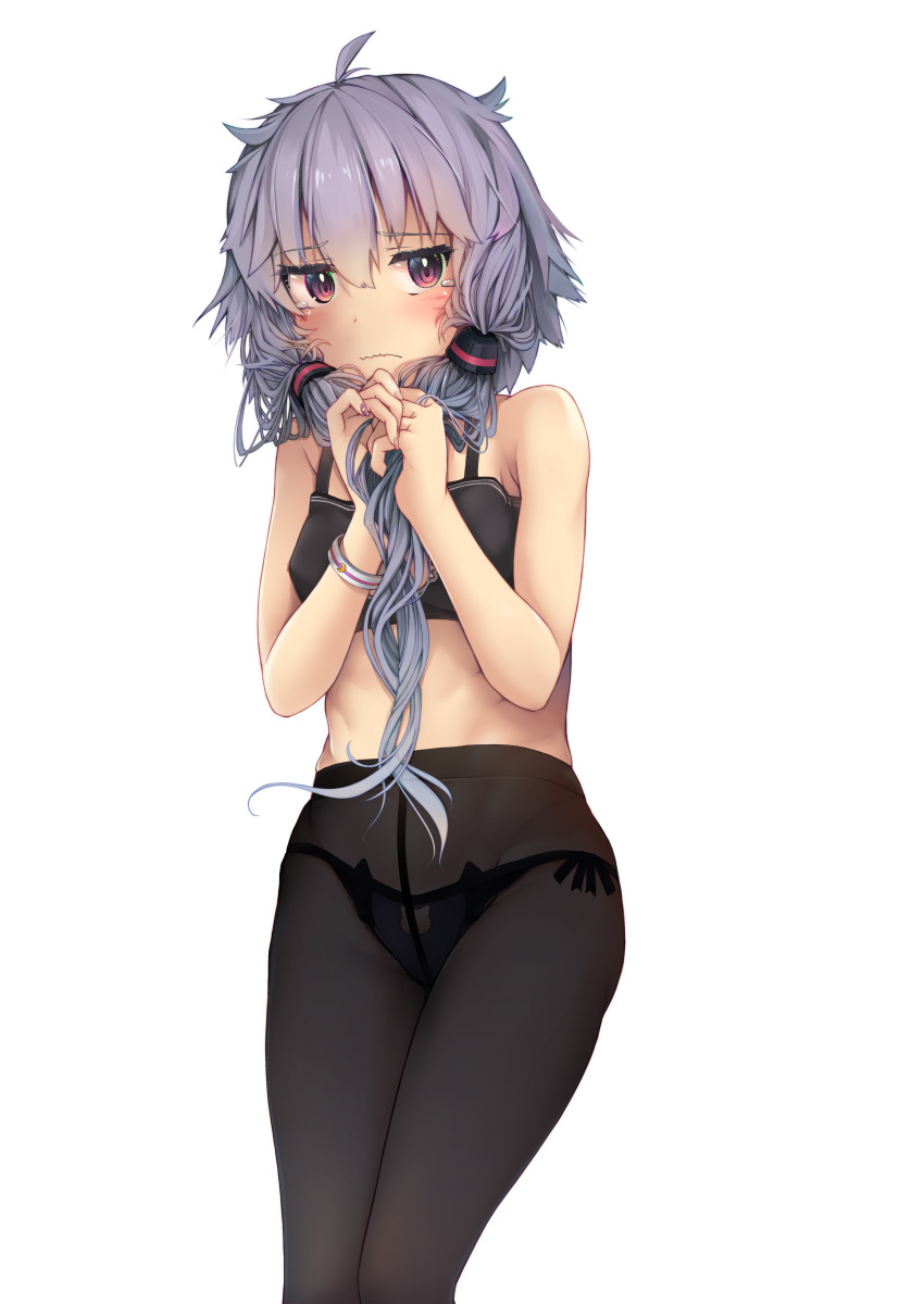 1girl, a.i._voice, absurdres, black_bra, black_panties, black_pantyhose, blush, bra