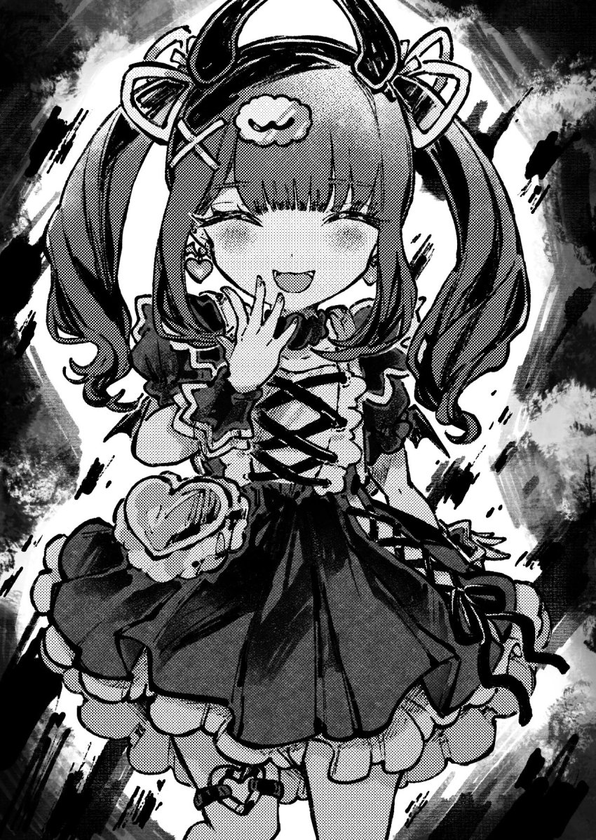 1girl, backpack, bag, black_hair, closed_eyes, curly_hair, demon_horns, denonbu