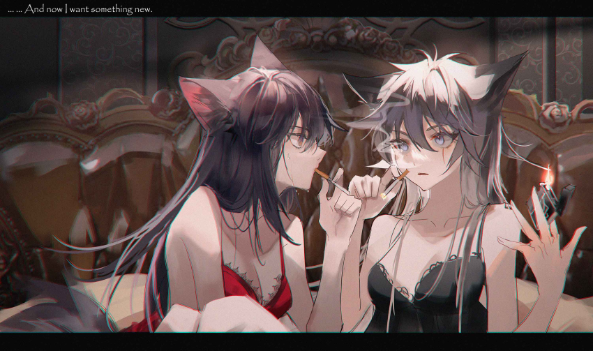 2girls, animal_ear_fluff, animal_ears, arknights, bare_arms, bare_shoulders, black_dress, black_hair