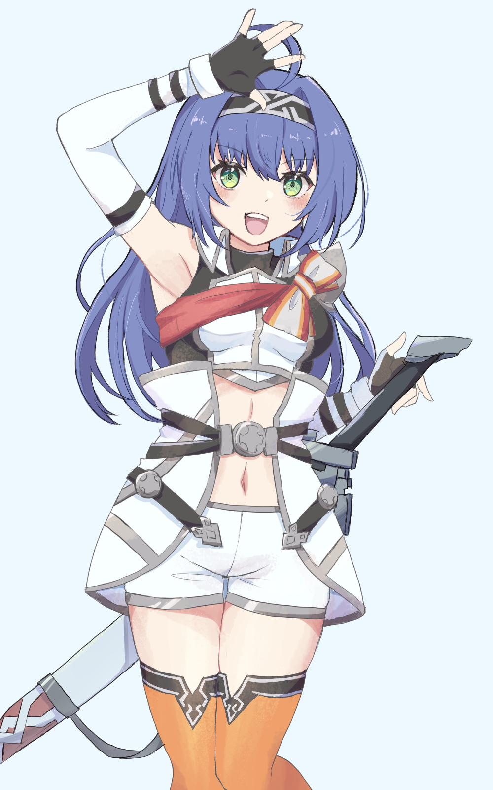 1girl, :d, ahoge, armpits, belt, black_gloves, blue_background, blue_hair