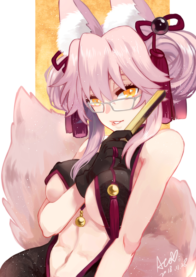 1girl, animal_ears, breasts, fate/grand_order, fate_(series), fox_ears, fox_girl, glasses, gloves, koyanskaya_(fate), large_breasts, pink_hair, puyue, revealing_clothes, solo, underboob, yellow_eyes