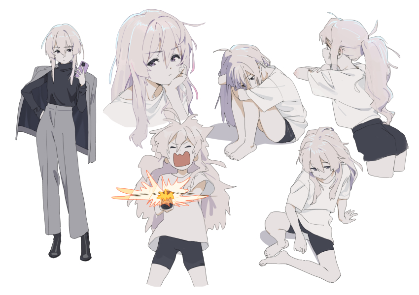 1girl, ass, barefoot, bike_shorts, black_shirt, cropped_legs, feet, from_behind