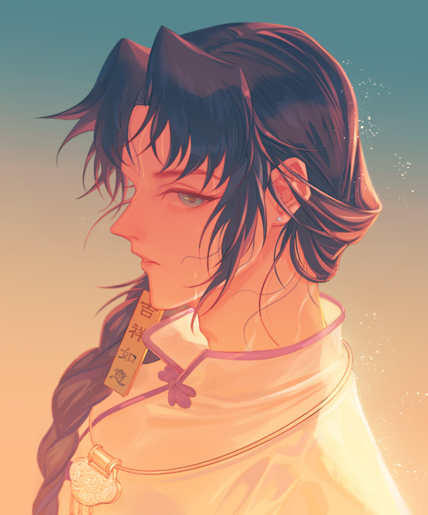 1boy, absurdres, black_hair, braid, chinese_clothes, duanduan, earrings, gradient_background