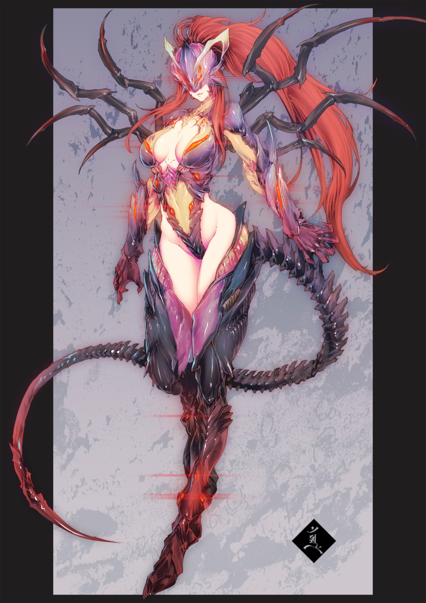 1girl, :3, arthropod_girl, breasts, carapace, commission, full_body, highleg, highleg_leotard, highres, insect_girl, leotard, living_clothes, long_hair, mabo9317, mask, medium_breasts, original, ponytail, red_hair, skeb_commission, solo, spider_girl, tail, very_long_hair