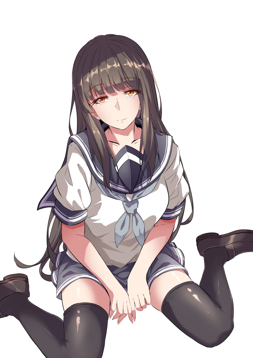1girl, absurdres, between_legs, black_thighhighs, blunt_bangs, brown_hair, closed_mouth, collarbone