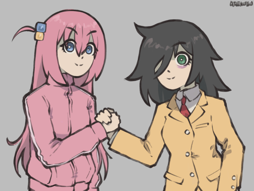 2girls, arekkusudesu, bags_under_eyes, black_hair, blue_eyes, bocchi_the_rock!, buttoned_cuffs, buttons, cube_hair_ornament, female_focus, friendship_ended_with_mudasir_(meme), gotoh_hitori, green_eyes, hair_ornament, handshake, highres, kuroki_tomoko, long_hair, looking_at_viewer, meme, multiple_girls, necktie, non-web_source, pants, photo-referenced, pink_hair, school_uniform, self-upload, smile, track_pants, track_suit, trait_connection, watashi_ga_motenai_no_wa_dou_kangaetemo_omaera_ga_warui!