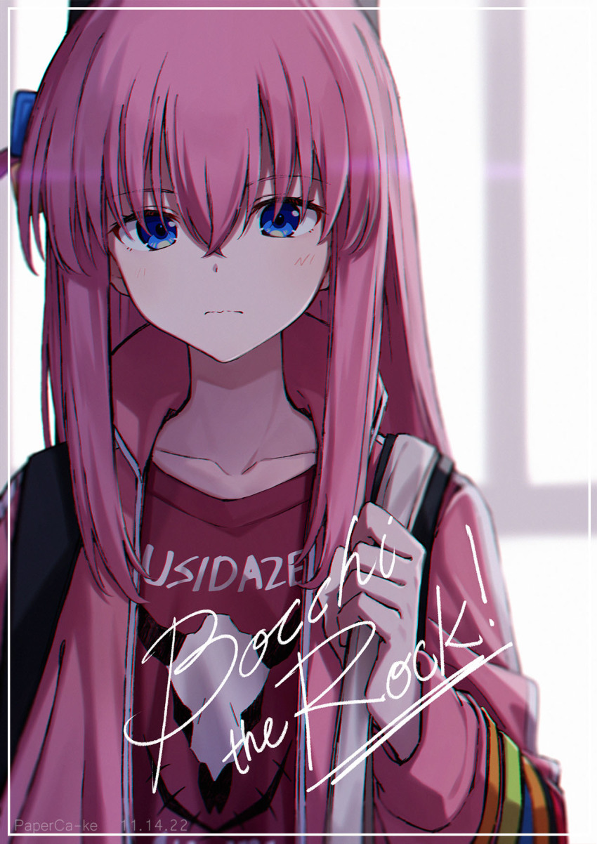 1girl, blue_eyes, bocchi_the_rock!, closed_mouth, cube_hair_ornament, gotoh_hitori, hair_between_eyes, hair_ornament