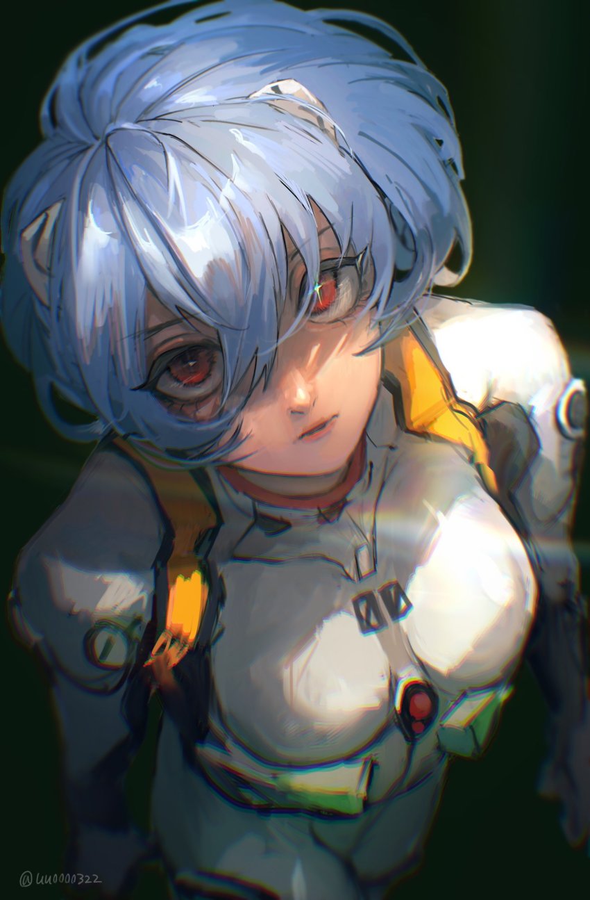 1girl, absurdres, ayanami_rei, black_background, blue_hair, bodysuit, breasts, hair_between_eyes, hair_ornament, highres, lips, looking_at_viewer, mecha_pilot_suit, medium_breasts, neon_genesis_evangelion, plugsuit_(evangelion), red_eyes, short_hair, simple_background, solo, twitter_username, uu0000322, white_bodysuit