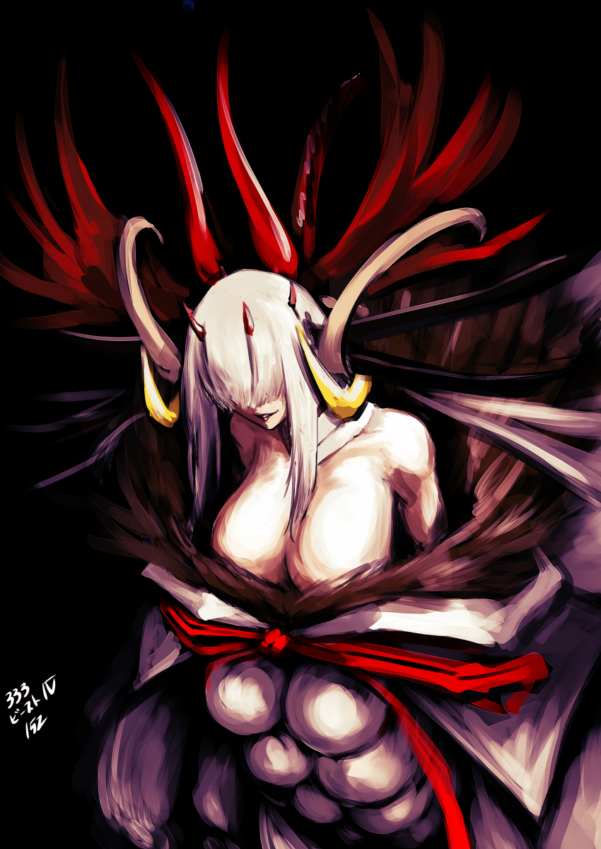 152_in_can, 1girl, absurdres, beast_iv:l, black_background, breasts, cleavage, covered_eyes