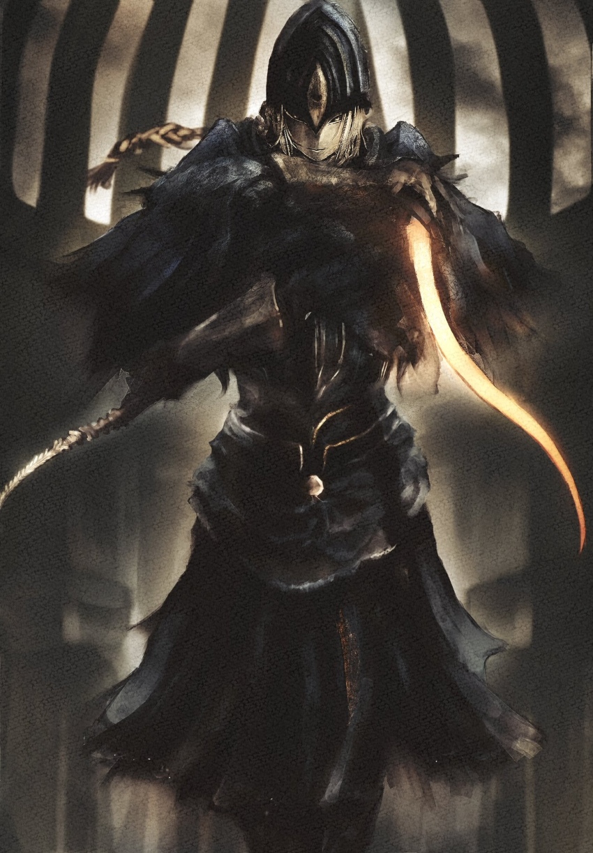 1girl, armor, blue_capelet, cape, capelet, covering_face, dark_souls_(series), dark_souls_i