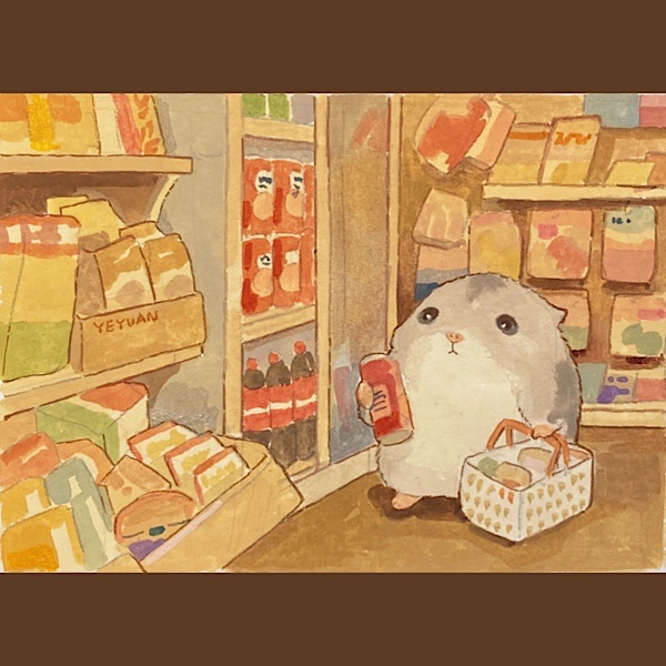 animal, animal_focus, basket, food, groceries, hamster, holding, holding_basket, indoors, no_humans, original, shelf, shop, shopping, shopping_basket, slice_of_life, supermarket, yeyuan33