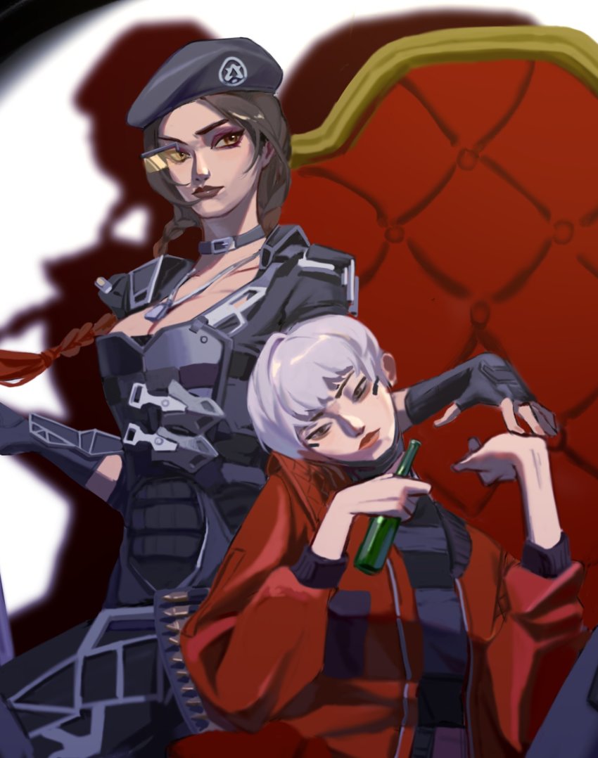 2girls, apex_legends, armchair, arms_dealer_loba, beret, black_bodysuit, black_choker, black_gloves