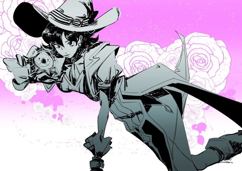 1girl, animification, boots, breasts, cape, chinese_commentary, dress, earrings, flower, gloves, greyscale_with_colored_background, hair_behind_ear, hair_between_eyes, hat, highres, jacket, jewelry, kiriko_(overwatch), medium_breasts, official_alternate_costume, open_hand, overwatch, overwatch_2, rose, short_hair, si_yu_anle, solo, witch_hat, witch_kiriko