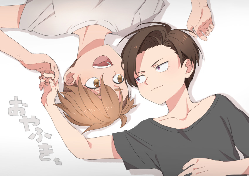 2girls, :d, absurdres, black_shirt, brown_eyes, brown_hair, eye_contact, harukawa_fuki